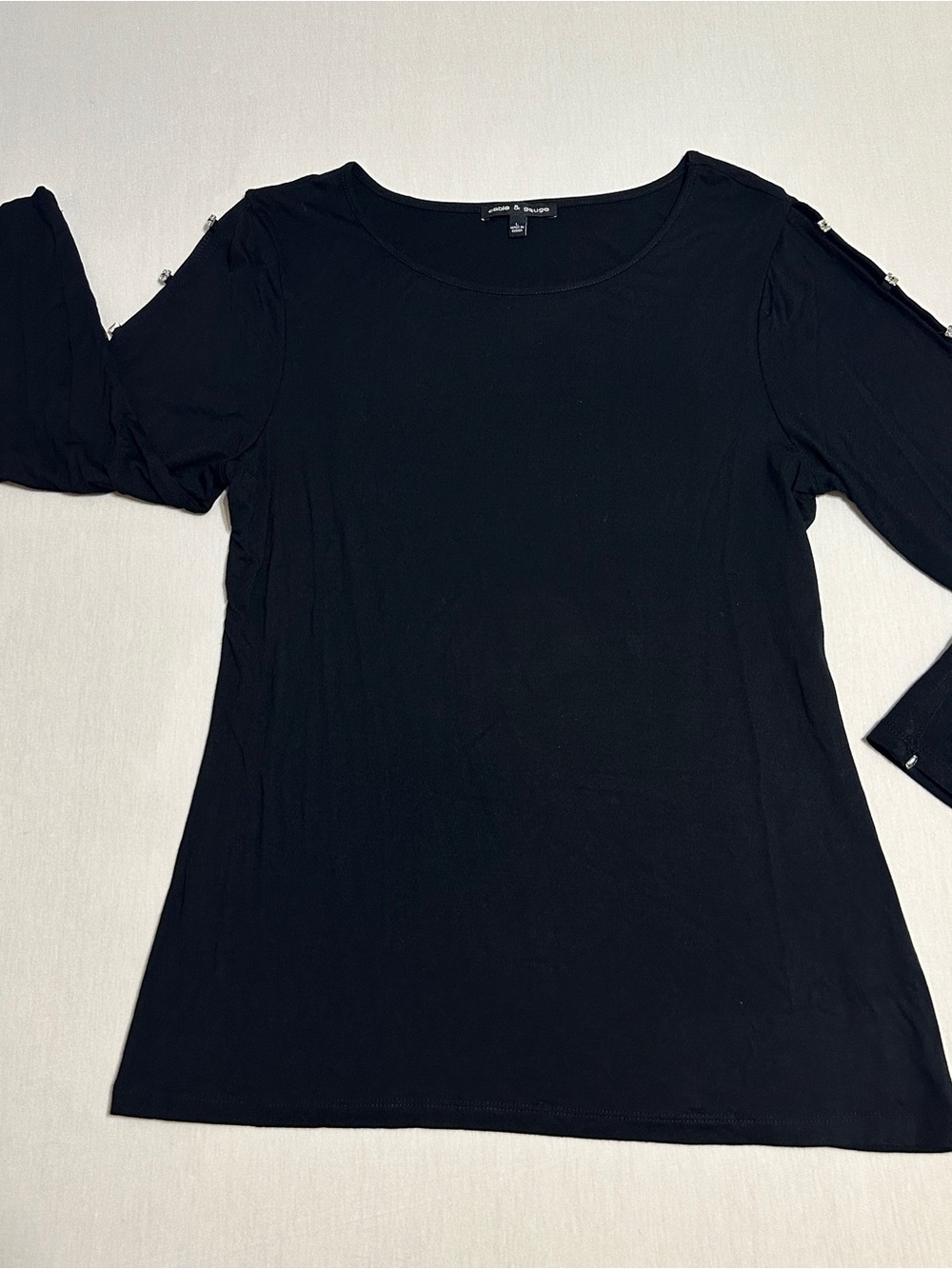 Cable & Gauge Black Scoop Neck Long Sleeve Top with Button-Tab Details
